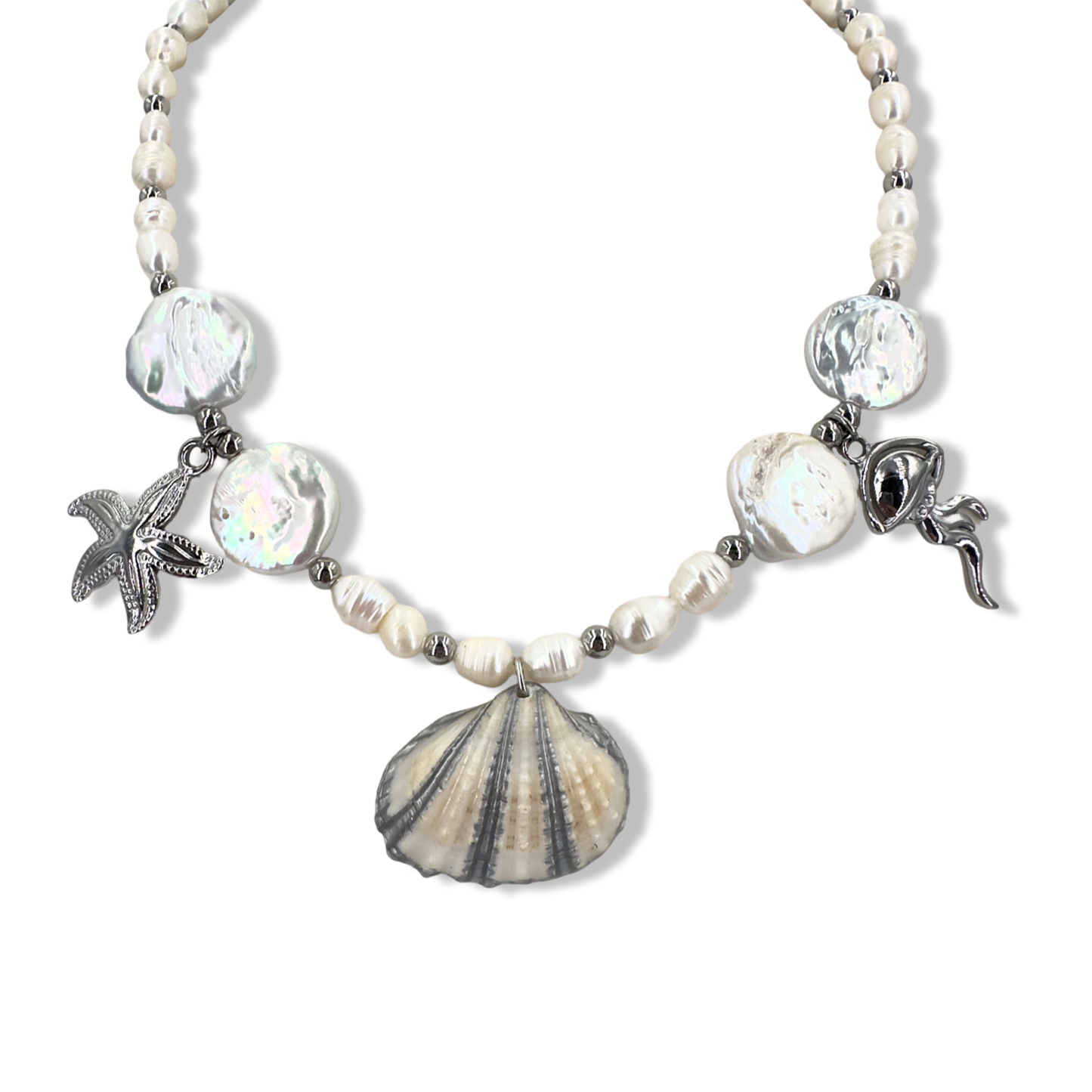 Shell silver pearly summer sea necklace