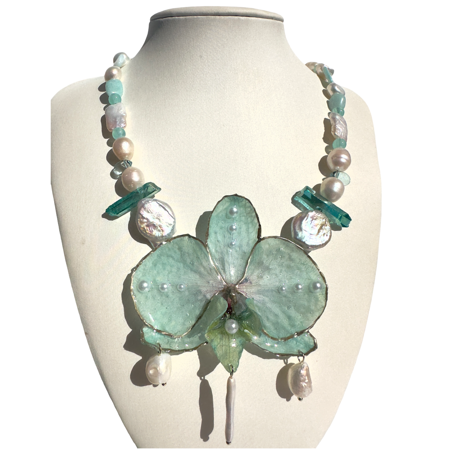 Aqua orchid pearly necklace