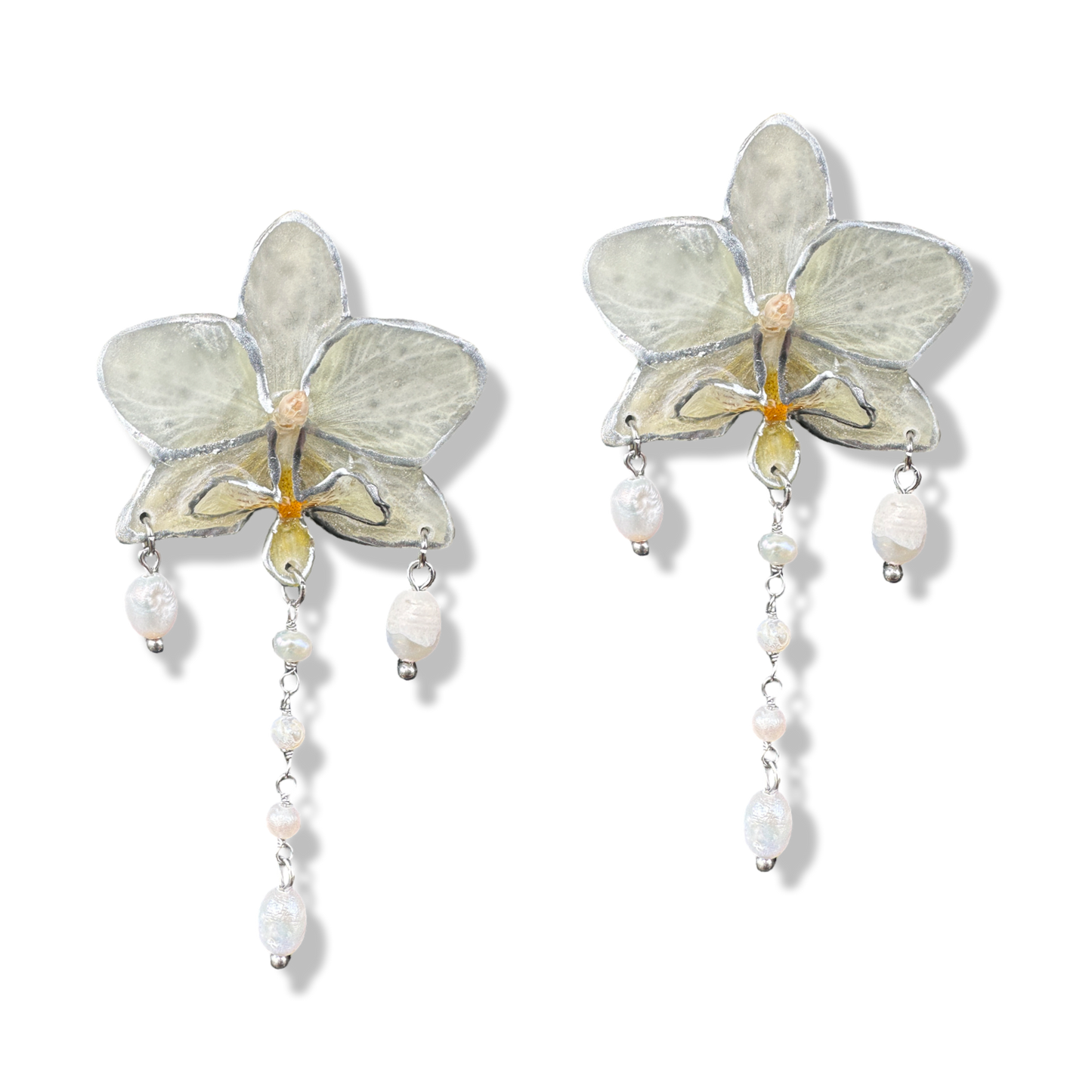 Silvery white orchid pearly earrings