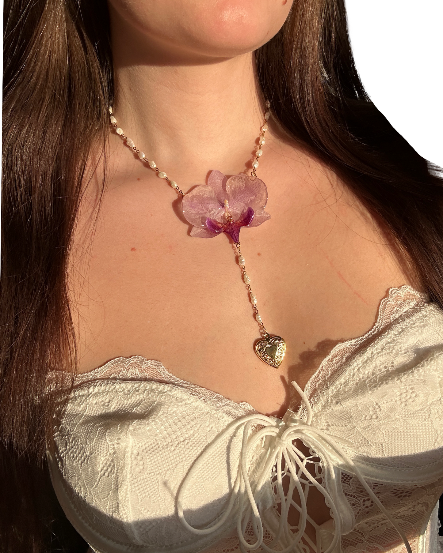 Pearl amulet dainty orchid necklace