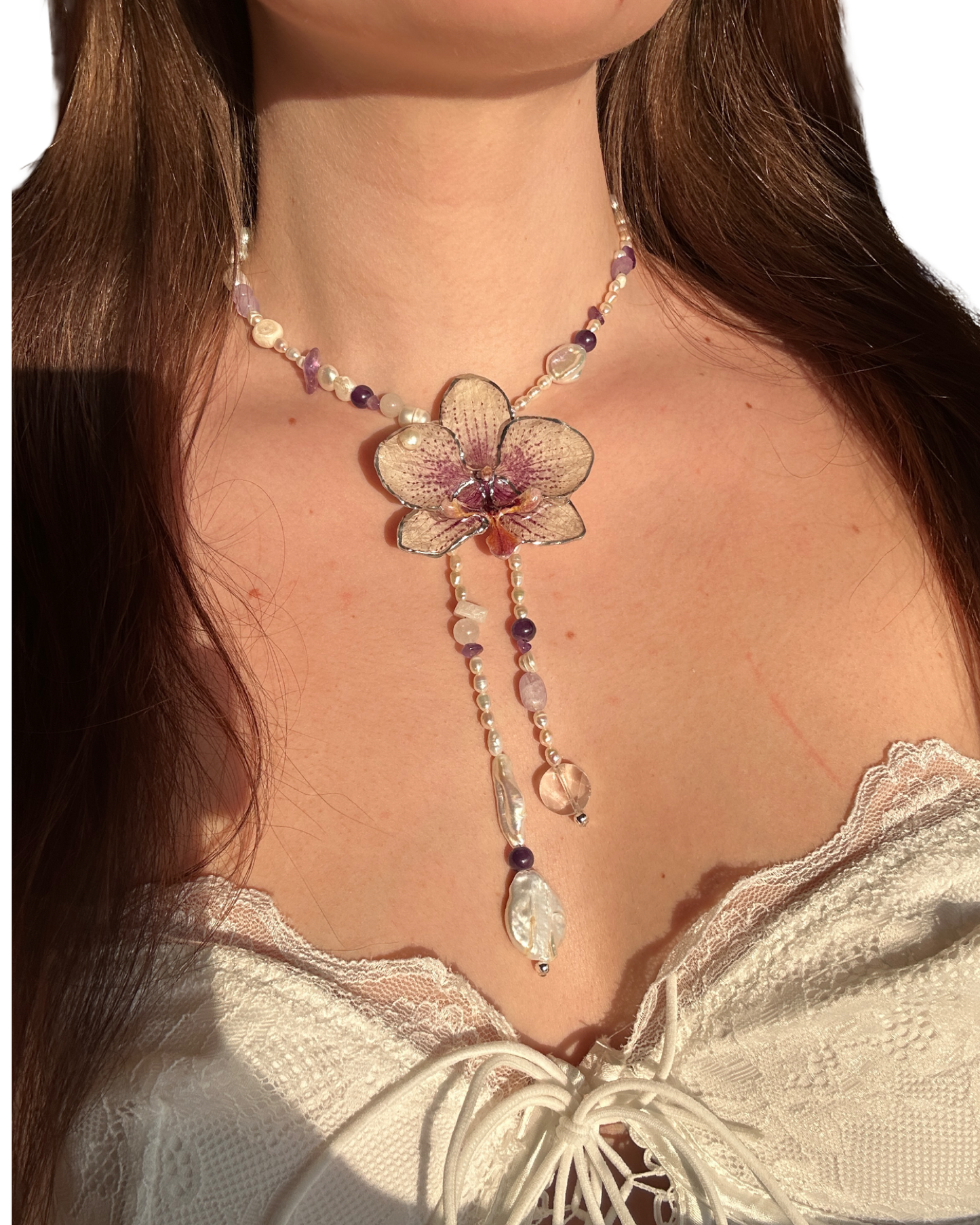 Luminous purple pearl orchid necklace