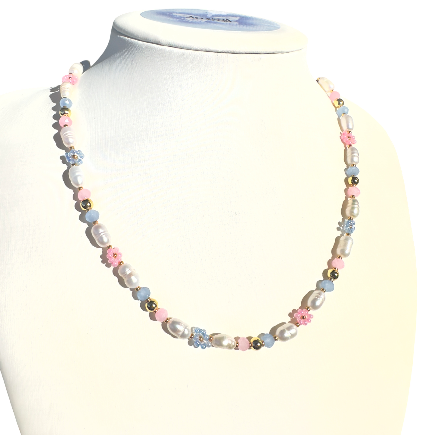 Flower Navy&Pink pearls necklace