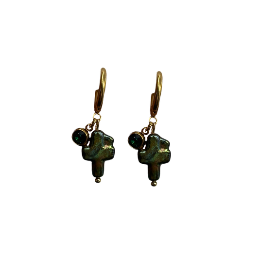 Dark green cross earrings