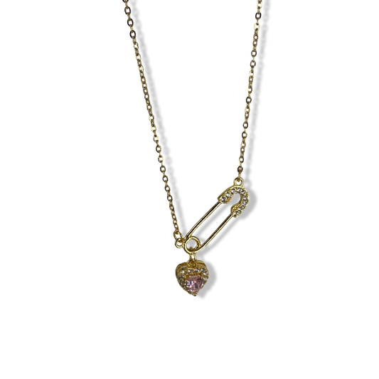 Pinky heart sparkly pin necklace