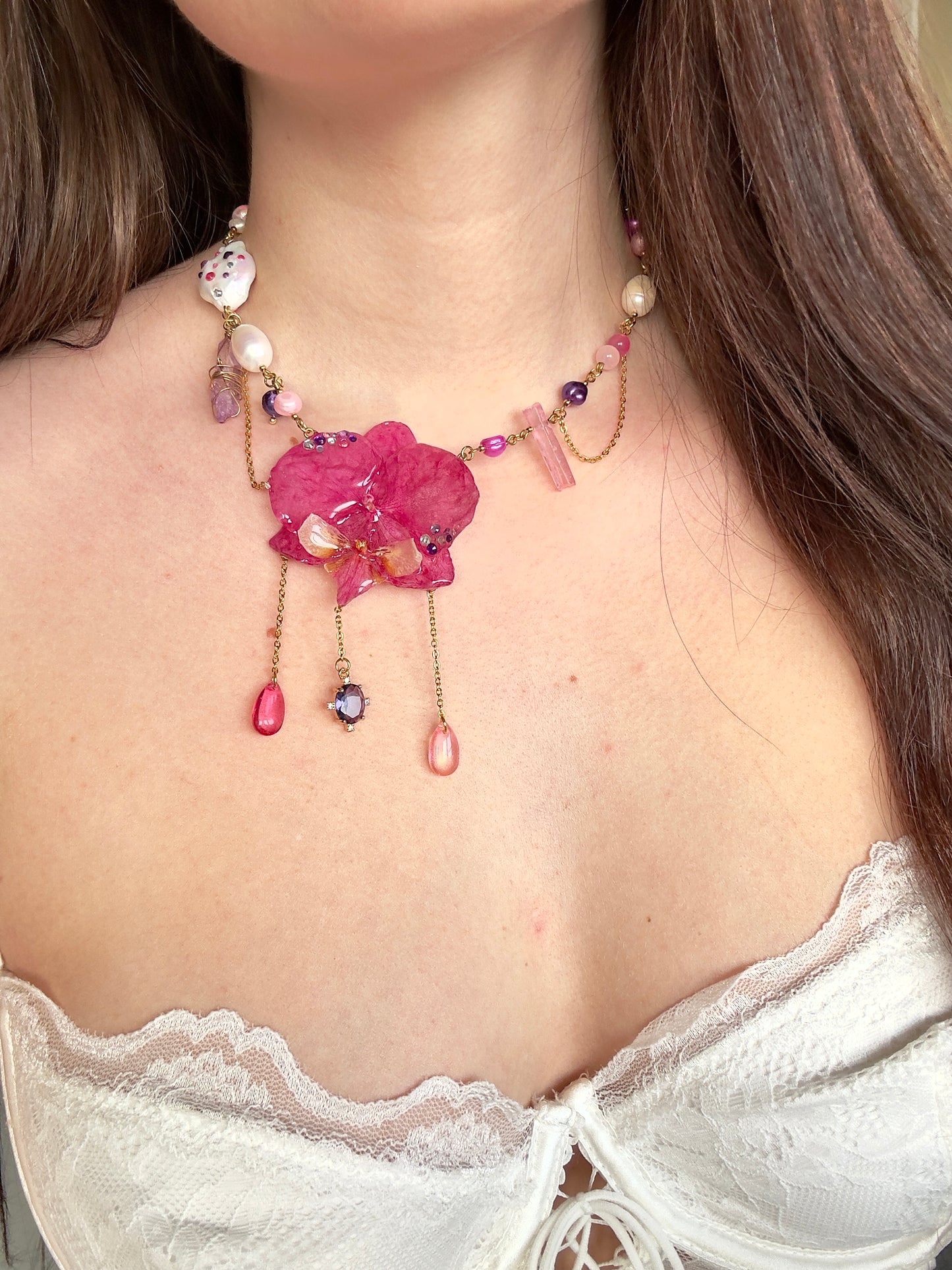 Twilight magenta orchid necklace