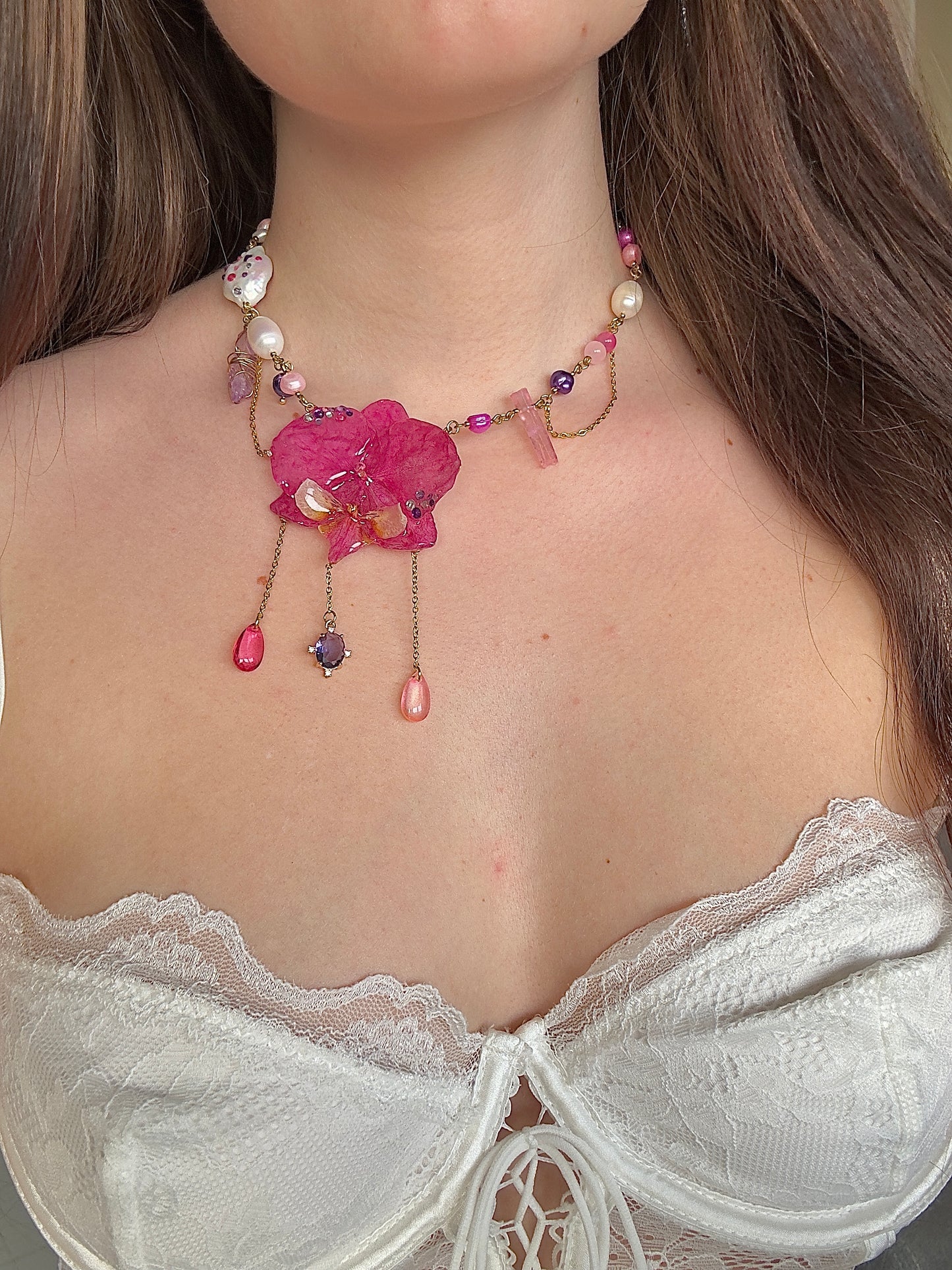 Twilight magenta orchid necklace
