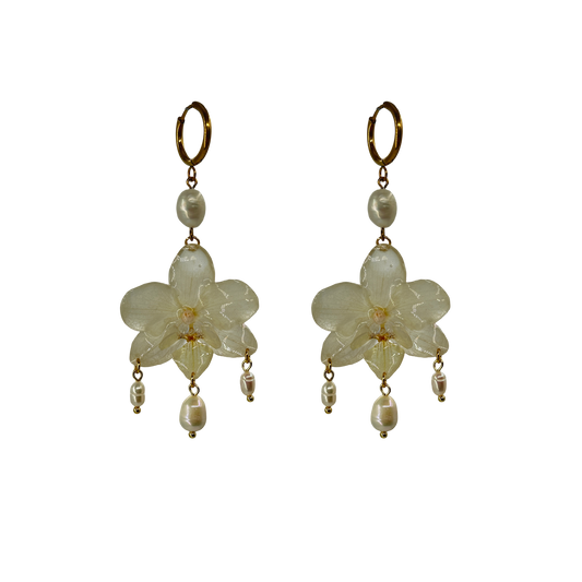 White pearly orchid earrings