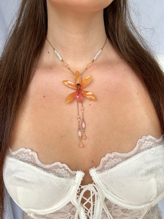 Blooming coral orchid necklace