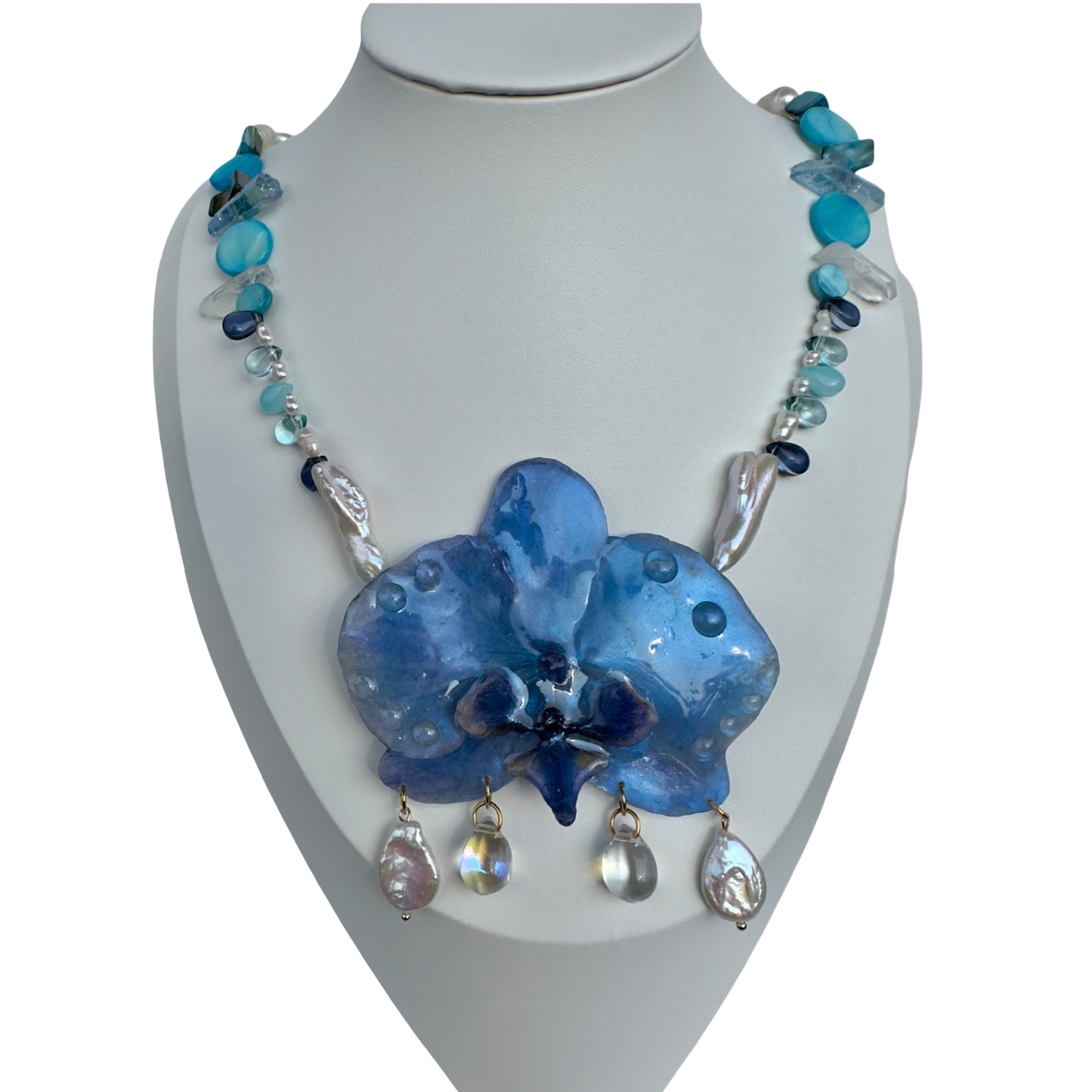 Water drop blue orchid necklace