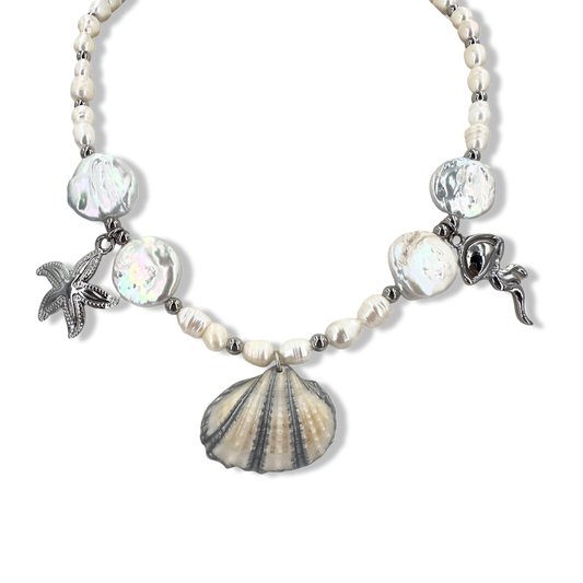 Shell silver pearly summer sea necklace