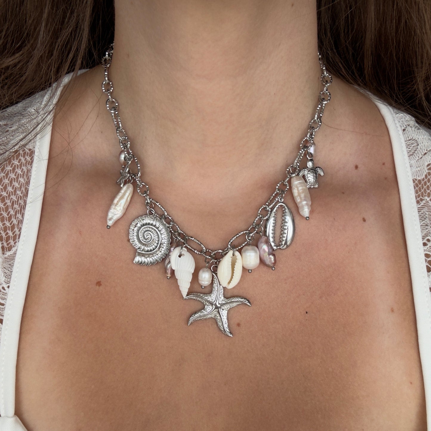 Chunky silvery summer charms necklace