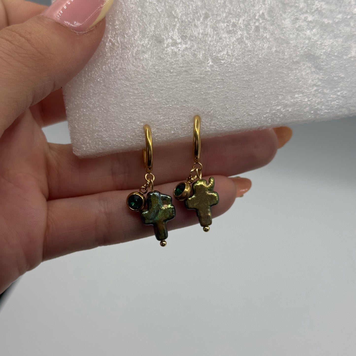 Dark green cross earrings