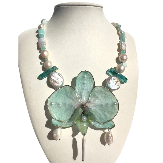 Aqua orchid pearly necklace