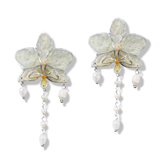 Silvery white orchid pearly earrings