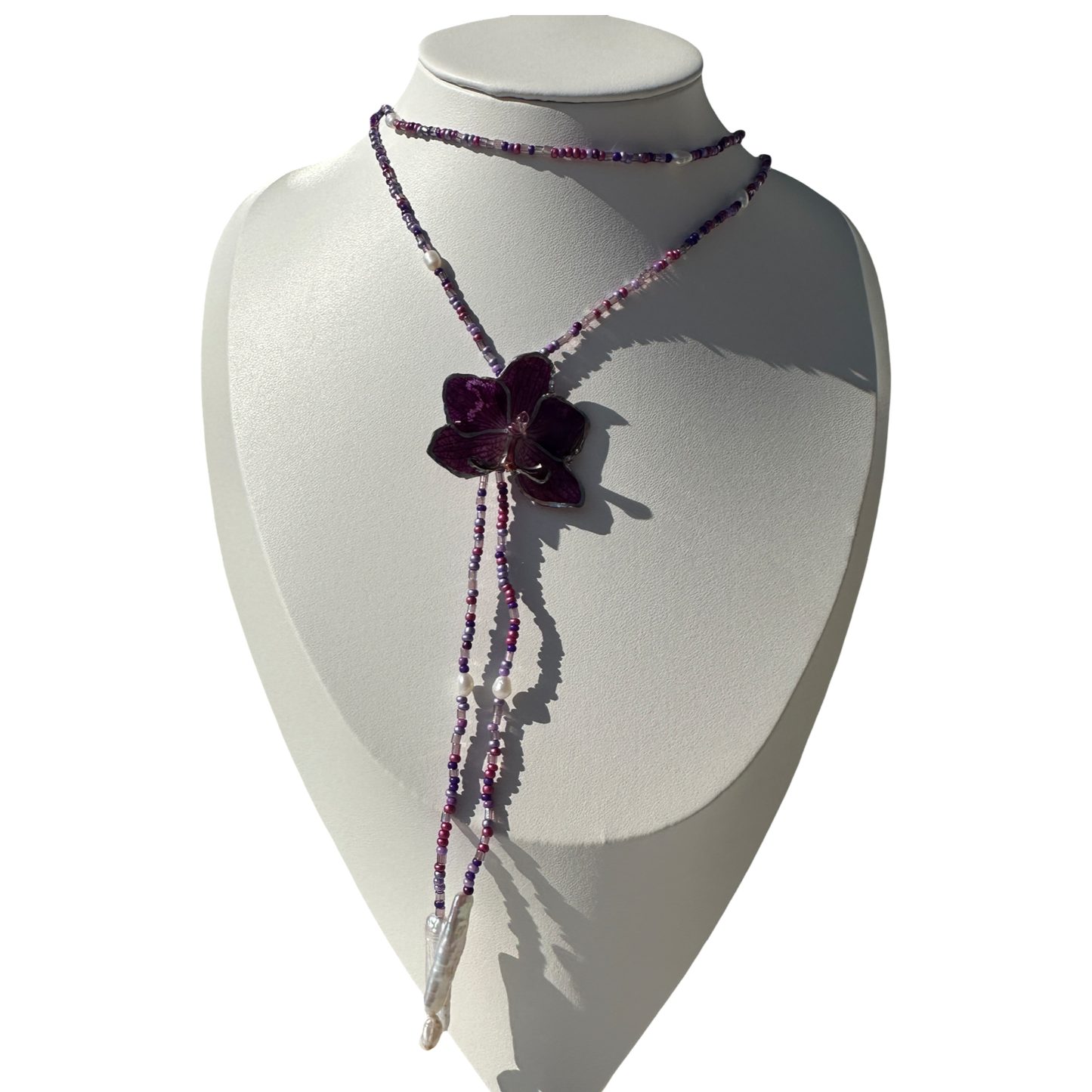 Minimalistic long purple beads orchid necklace