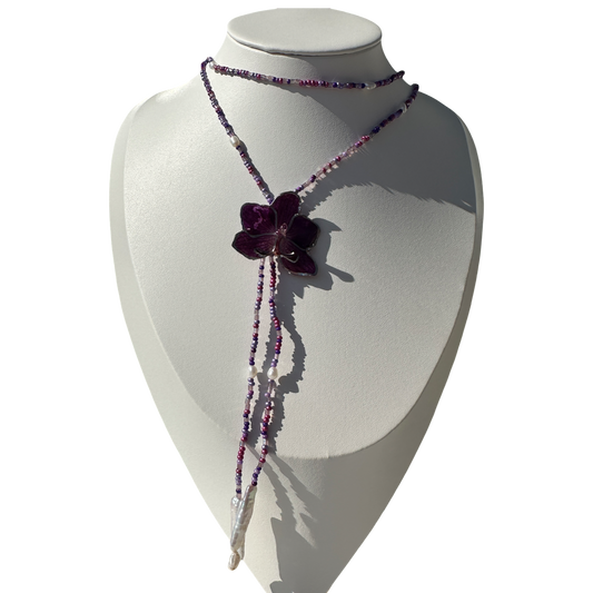 Minimalistic long purple beads orchid necklace