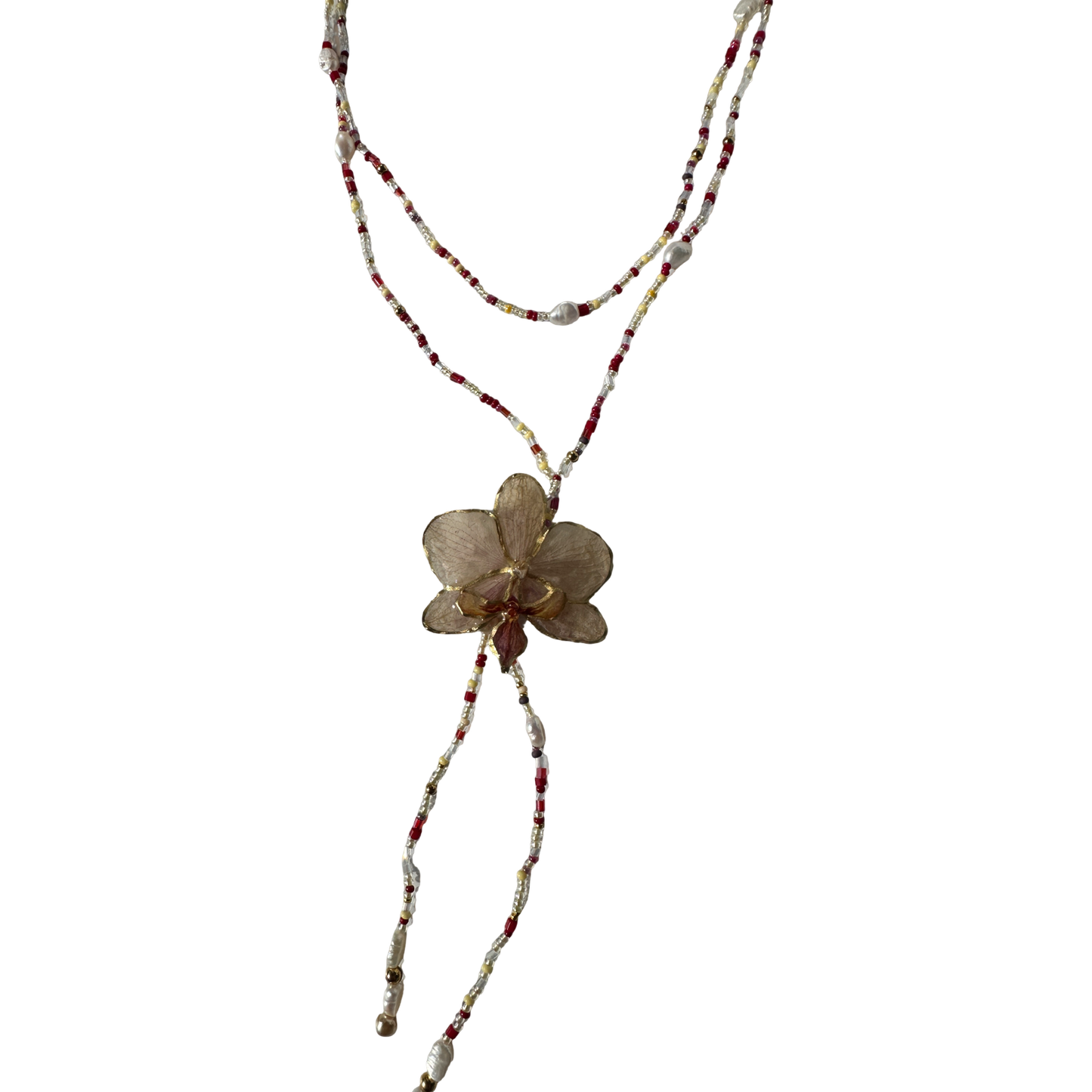 Long tropical orchid necklace