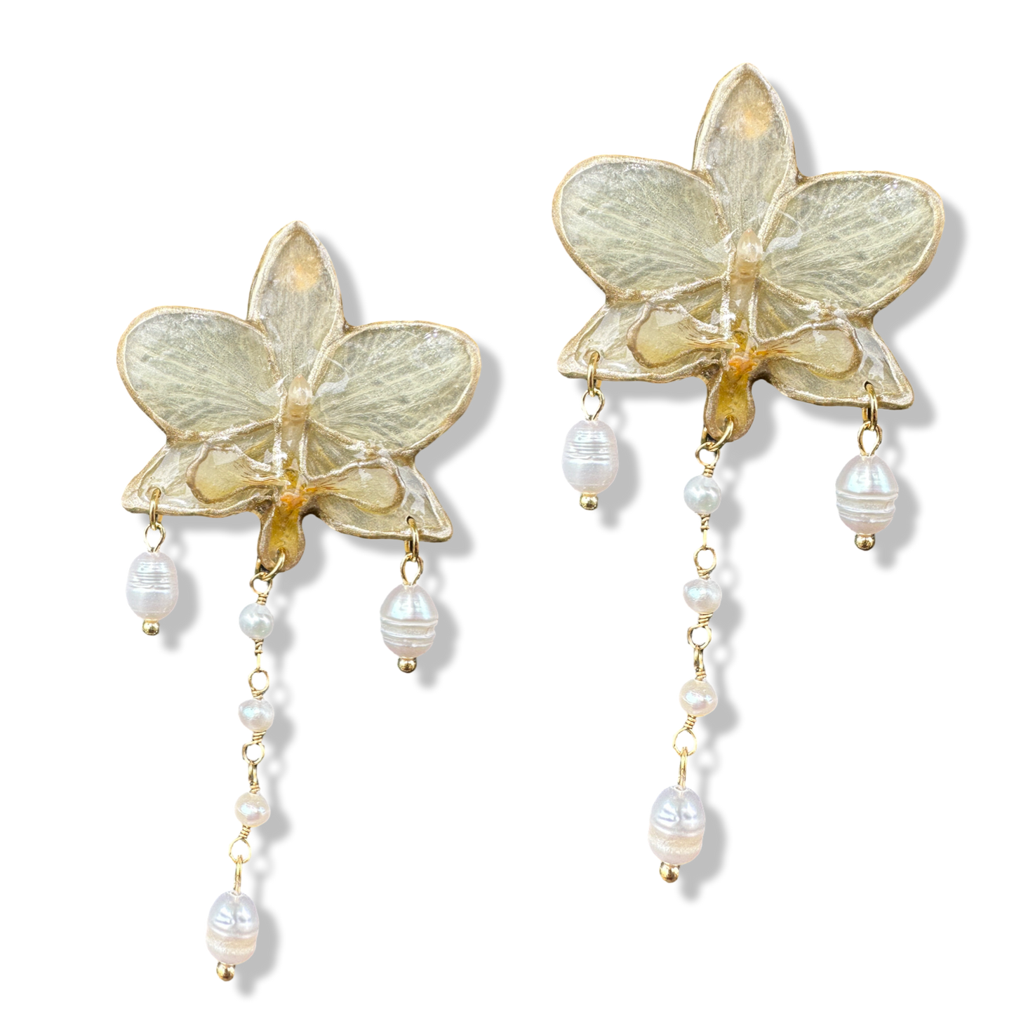 Golden white orchid pearly earrings