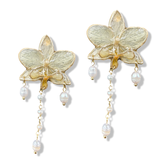 Golden white orchid pearly earrings