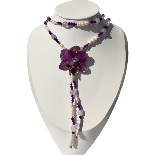 Long purple amethyst orchid necklace