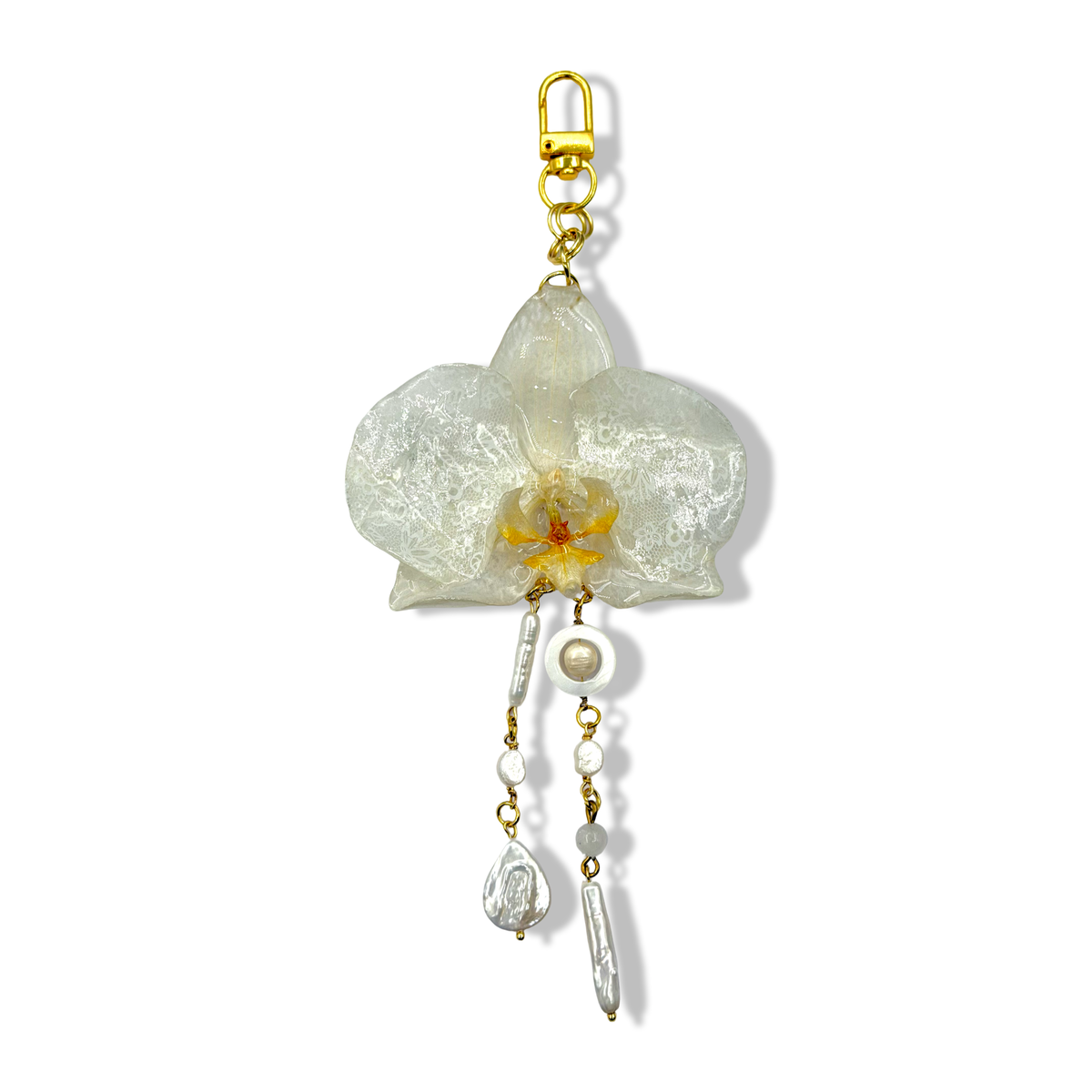 Lacy white orchid bag charm