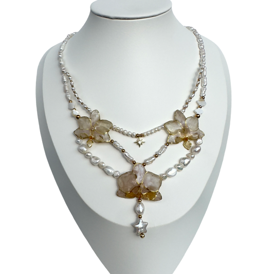 Luxury orchid pearly gold necklace