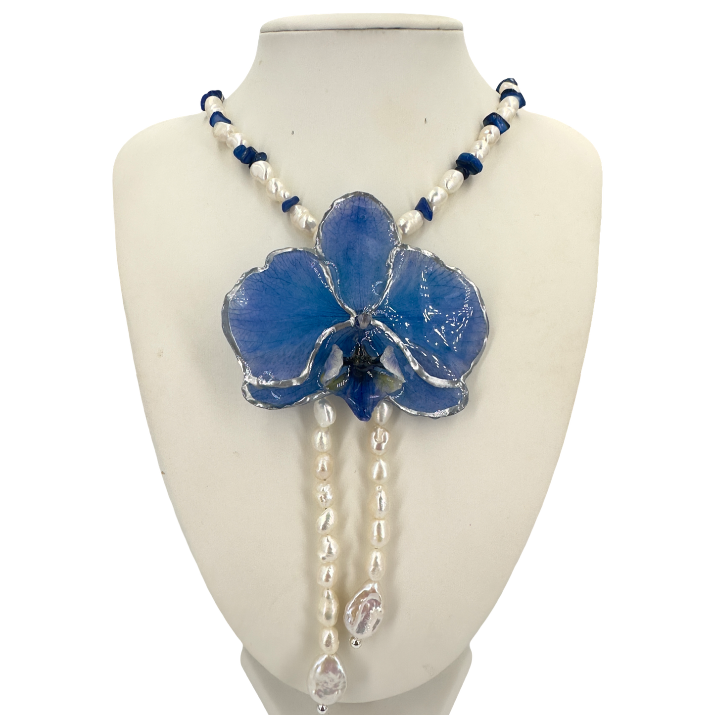 Blue pearly dream orchid necklace
