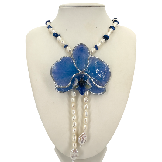 Blue pearly dream orchid necklace