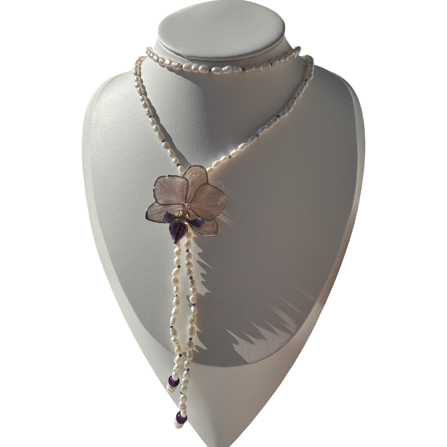 Long pearly orchid necklace