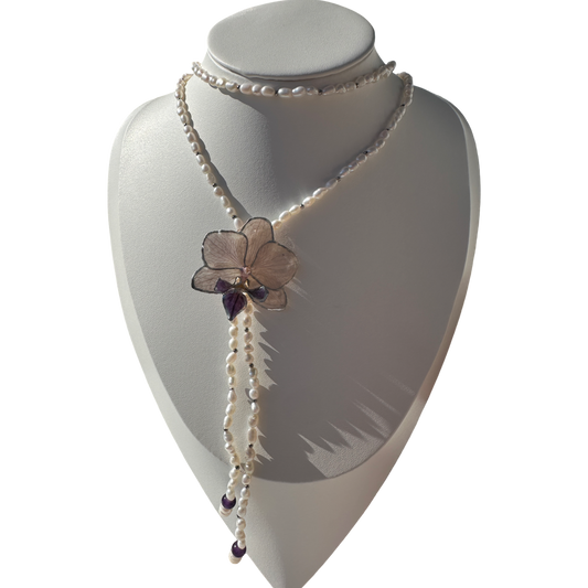 Long pearly orchid necklace