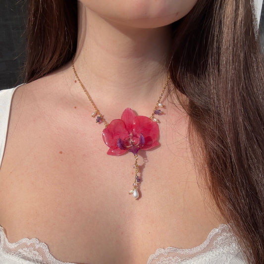 Coral dream pink orchid necklace