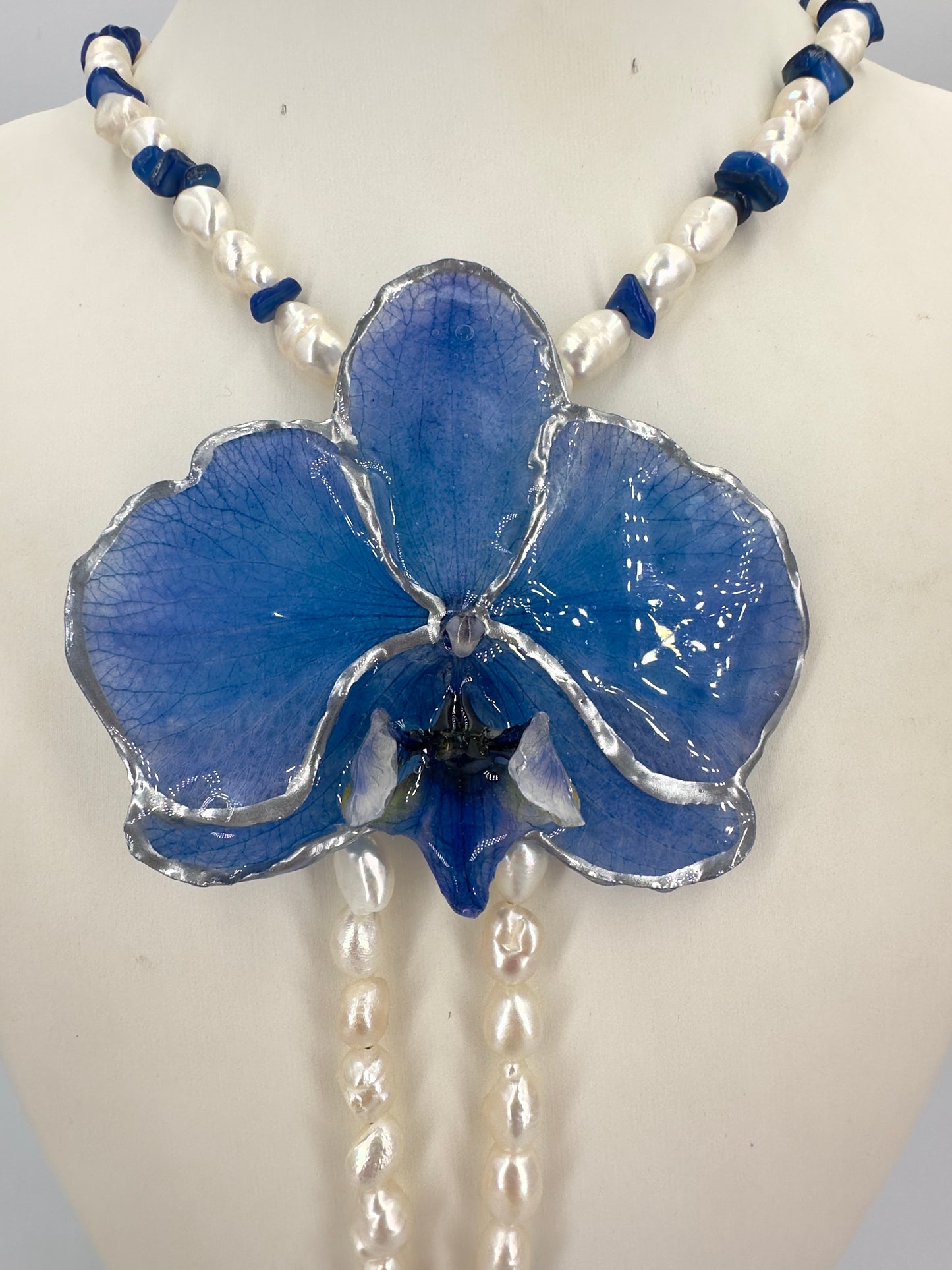 Blue pearly dream orchid necklace