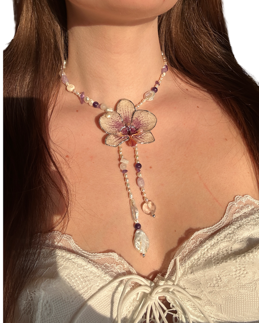 Luminous purple pearl orchid necklace