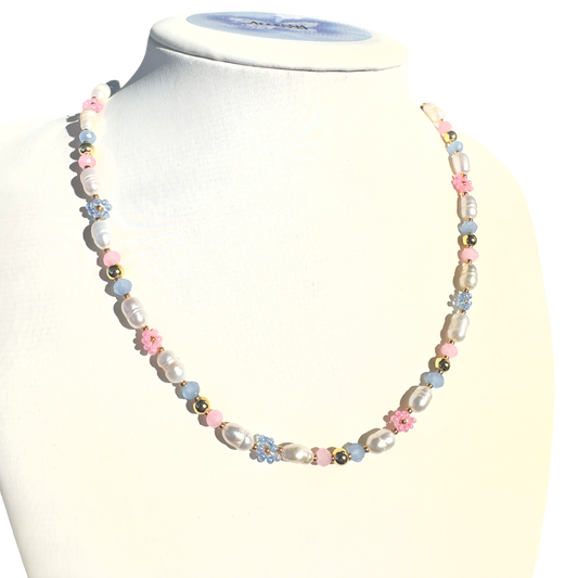 Flower Navy&Pink pearls necklace