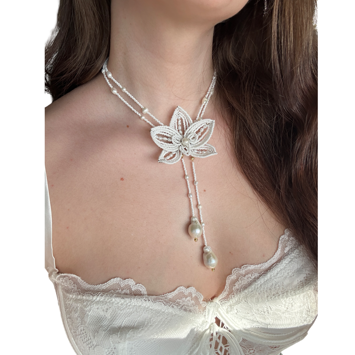 Beaded white orchid necklace