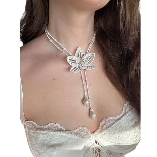 Beaded white orchid necklace